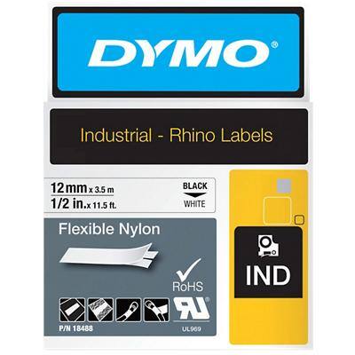Dymo IND S0718100 / 18488 Authentic Rhino Flexibles Nylon Schriftband Selbstklebend Schwarzer Druck auf Weiss 12 mm x 3.5m