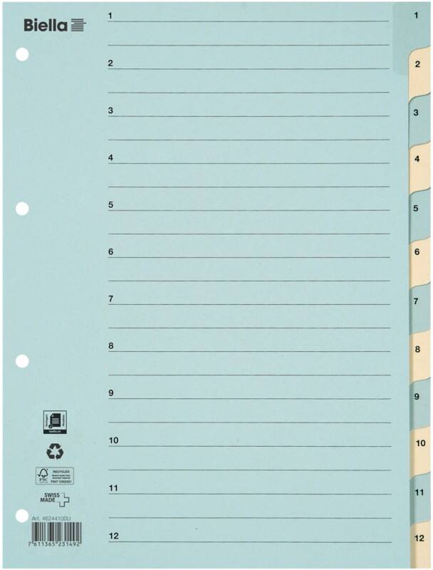 Intercalaires numériques 1 à 12 Biella A4 Bleu, Jaune 12 intercalaires Carton 4 Perforations