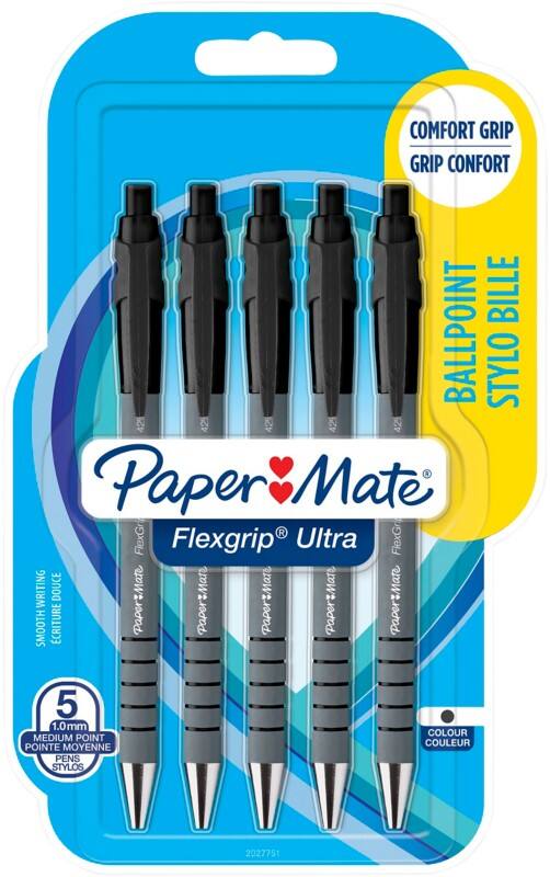 Stylo bille Papermate FlexGrip Ultra rétractable 0,5 mm Noir Paquet de 5
