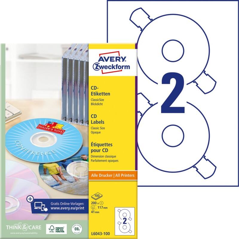 Étiquettes CD/DVD AVERY Zweckform L6043-100 A4 Blanc 100 Feuilles de 2 Étiquettes