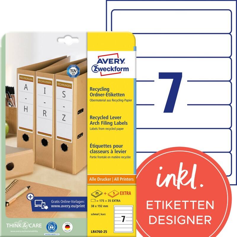 AVERY Zweckform ultragrip Ordneretiketten LR4760-25 Selbsthaftend A4 Naturweiss 38 x 192 mm Recycled 30 Blatt à 7 Etiketten