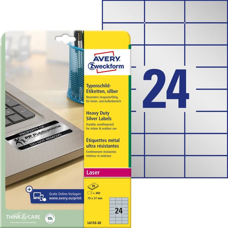 Étiquettes AVERY Zweckform L6133-20 adhésif A4 Argent 70 x 37 mm 20 Feuilles de 24 Étiquettes