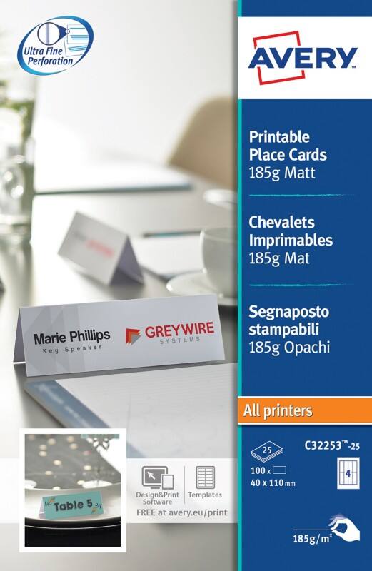 Avery Zweckform C32253-25 Platzkarten 110 x 40 mm 185 g/m2 Weiss 100 Stück