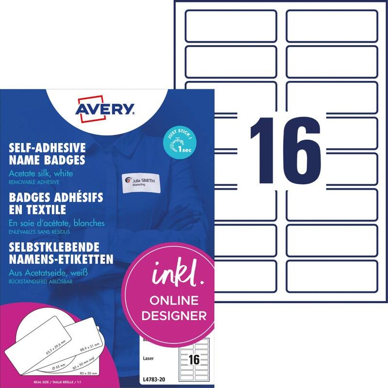 Badges adhésifs Avery Laser L4783-20 Adhésif A4 Blanc 88.9 x 31 mm 20 Feuilles de 16 Étiquettes