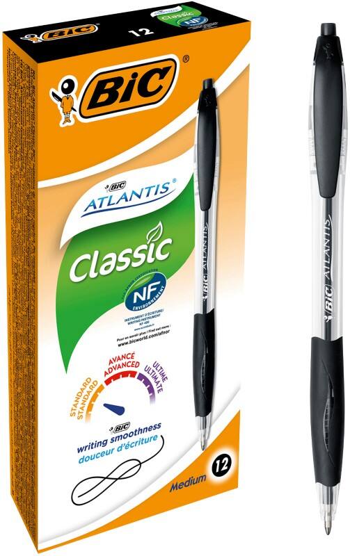 Stylo-bille BIC Atlantis Classic Rétractable Noir 0,4 mm Moyen Bille 12 Unités