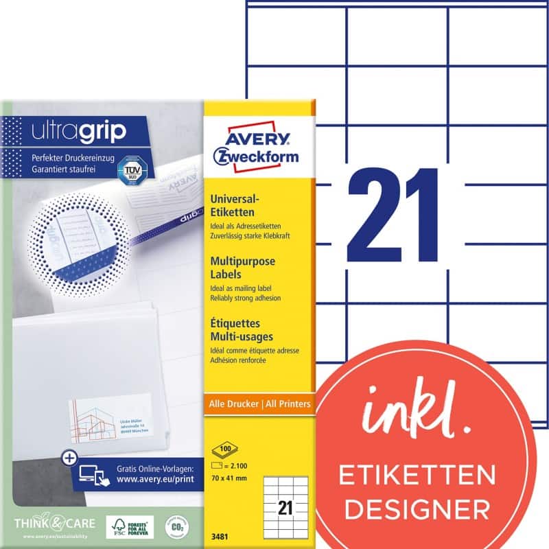 AVERY Zweckform ultragrip Mehrzwecketiketten 3481 Selbsthaftend A4 Weiss 70 x 41 mm 100 Blatt à 21 Etiketten
