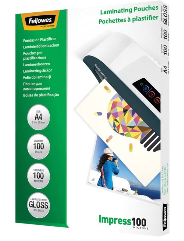 Fellowes Impress Laminierfolien A4 Glänzend 100 Mikron (2 x 100) Transparent 100 Stück