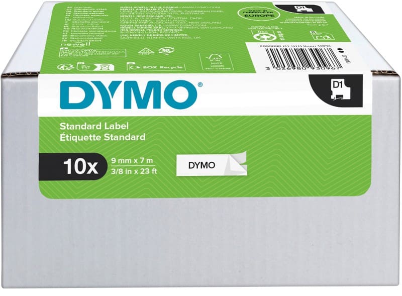 Dymo D1 S0720680 / 41913 Authentic Schriftband Selbstklebend Schwarzer Druck auf Weiss 9 mm x 7m 10 Stück