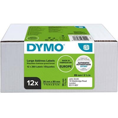 Étiquette d'adresse DYMO LW Authentique 99012 2093093 Autocollantes Noir  sur Blanc 89 x 36 mm 12 Rouleaux de 260 Étiquettes