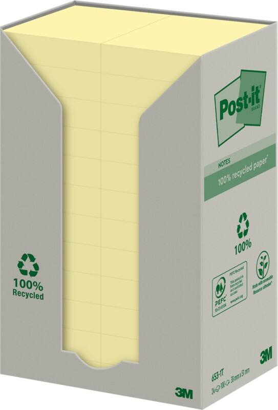 Notes Post-it Recyclées 51 x 38 mm Jaune canari 24 Blocs de 100 Feuilles