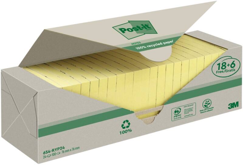 Notes adhésives recyclées Post-it 76 x 76 mm Jaune canari 100 feuilles Pack promo 18 + 6 gratuit