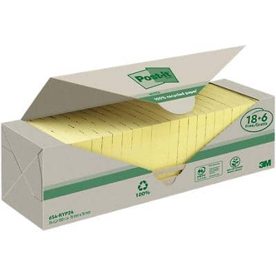 Notes adhésives recyclées Post-it 76 x 76 mm Jaune canari 100 feuilles Pack promo 18 + 6 gratuit