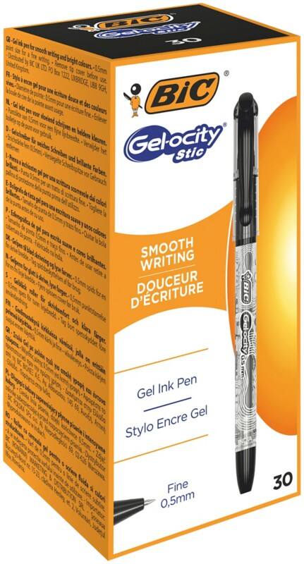 Roller encre gel BIC Gelocity Stic Noir 0,5 mm Fin Bille 30 Unités