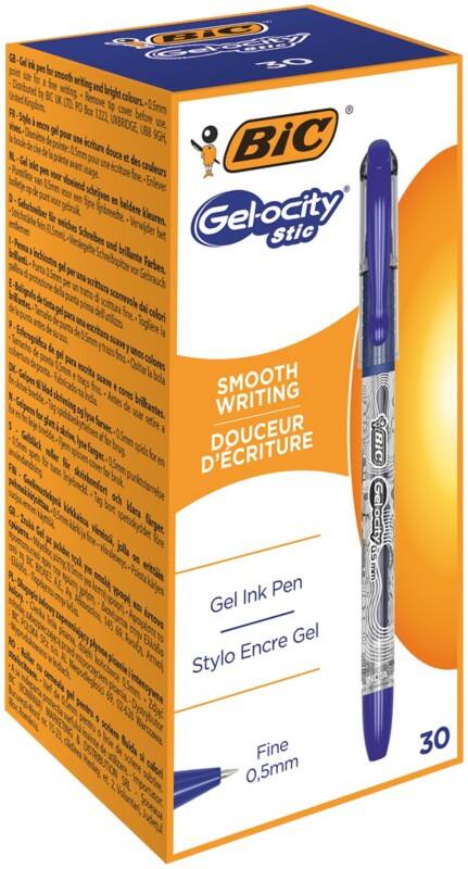 Roller encre gel BIC Gelocity Stic Bleu 0,5 mm Fin Bille 30 Unités