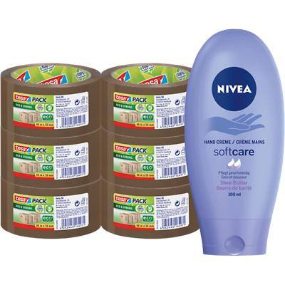 Ruban d'emballage tesapack Brun Eco & Strong et crème pour les mains Nivea 50 mm x 66 m 6 rouleaux