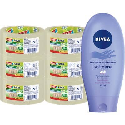 Ruban d'emballage tesapack Transparent Eco & Strong et crème Nivea 50 mm x 66 m 6 rouleaux