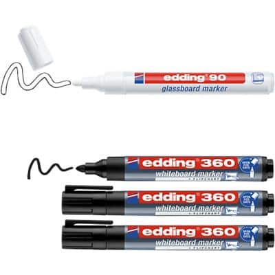 Marqueurs Edding E-360 + E-90 pour tableau blanc et tableau en verre Ogive Blanc, noir 4 unités