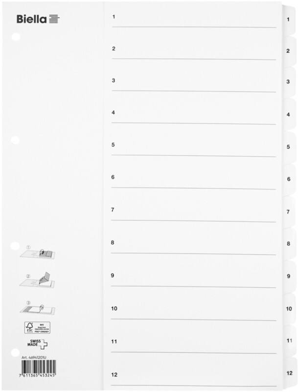 Biella Register mit Smart Index Flag A4 Weiss 12-teilig Karton 1 bis 12 Packung mit 25 Stück
