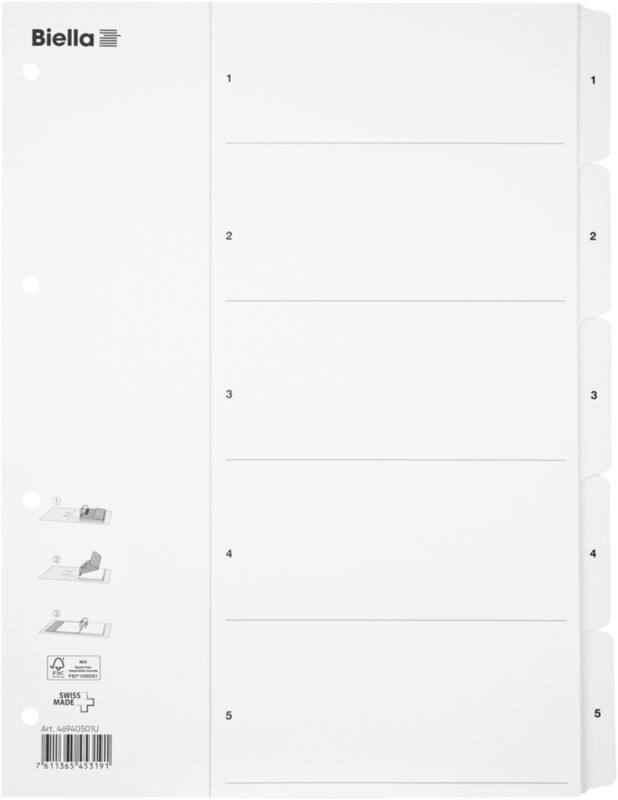 Répertoire Biella avec Smart Index repliable A4 Blanc 5 onglets Carton 1 à 5 Paquet de 25