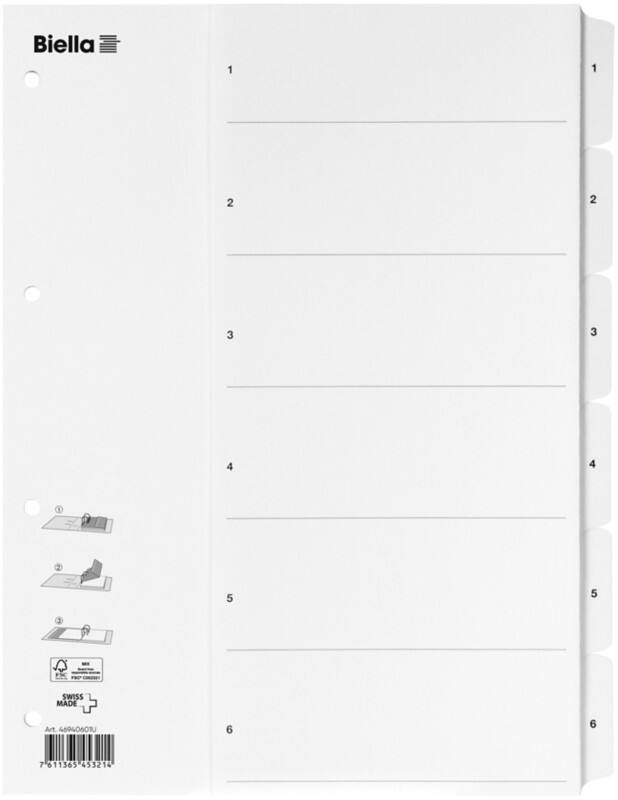 Répertoire Biella avec Smart Index repliable A4 Blanc 6 onglets Carton 1 à 6 Paquet de 25
