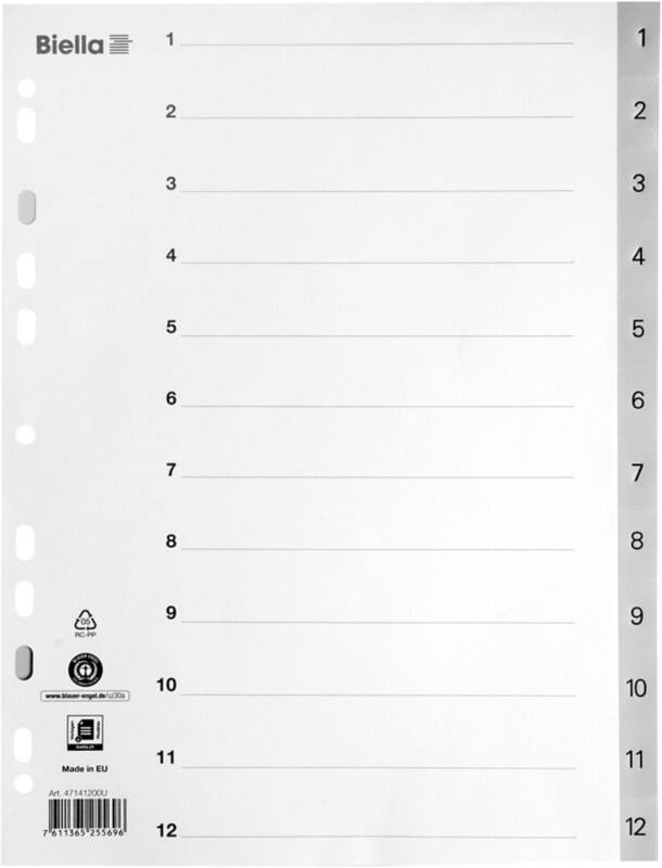 Répertoires Biella avec Smart Index A4 Gris 12 onglets PP 1 à 12 Paquet de 25