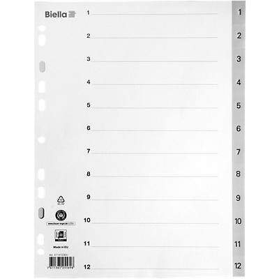 Biella Register A4 Polypropylen 1-12 mit Indexblatt grau 25 Stück