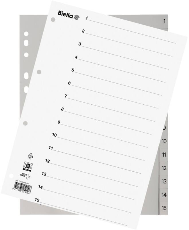 Biella Register A4 Polypropylen 1-15 mit Indexblatt grau 25 Stück
