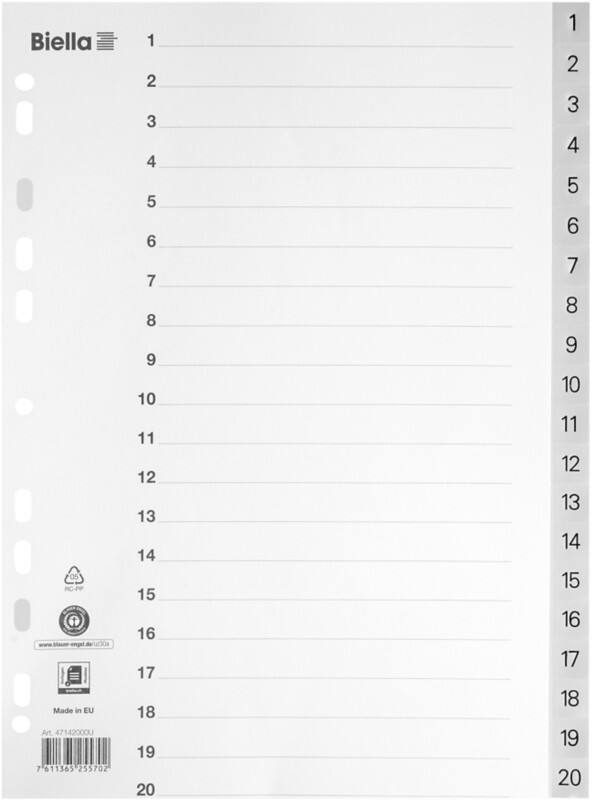Biella Register A4 Polypropylen 1-20 mit Indexblatt grau 25 Stück
