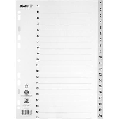 Répertoires Biella avec Smart Index A4 Gris 20 onglets PP 1 à 20 Paquet de 25