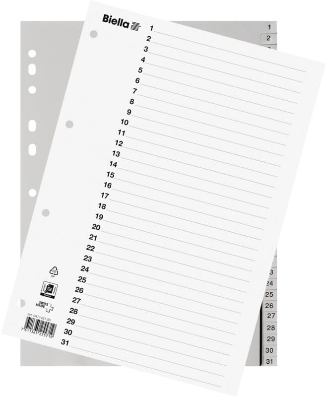 Répertoires Biella avec Smart Index A4 Gris 31 onglets PP 1 à 31 Paquet de 25