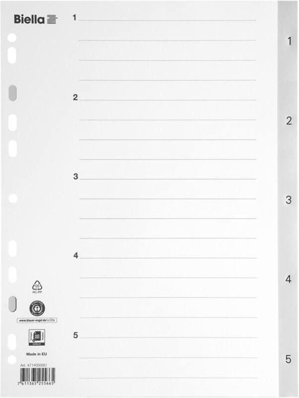 Biella Register A4 Polypropylen 1-5 mit Indexblatt grau 25 Stück