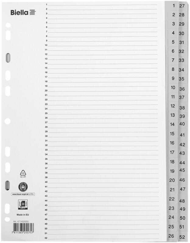 Répertoires Biella avec Smart Index A4 Gris 52 onglets PP 1 à 52 Paquet de 10