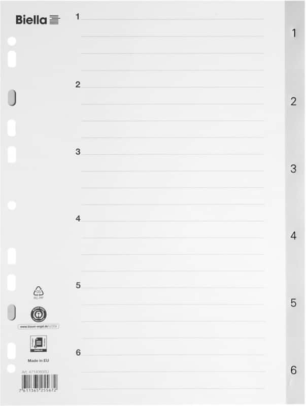 Biella Register A4 Polypropylen 1-6 mit Indexblatt grau 25 Stück