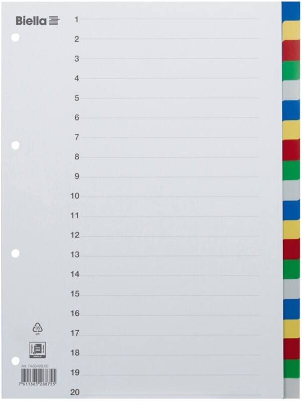 Biella Register A4 Polypropylen 20-teilig blanko mit Indexblatt farbig  25 Stück