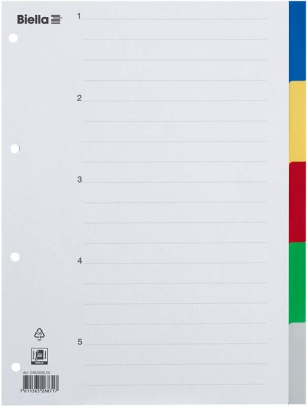 Biella Register A4 Polypropylen 5-teilig blanko mit Indexblatt farbig 50 Stück