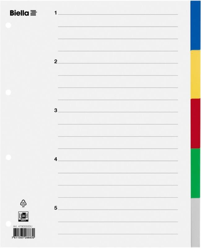 Biella Register A4 überbreit für Zeigetaschen Polypropylen 5-teilig blanko farbig 25 Stück