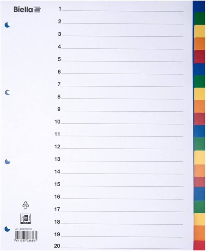 Biella Register A4 überbreit für Zeigetaschen Polypropylen 20-teilig blanko farbig 25 Stück