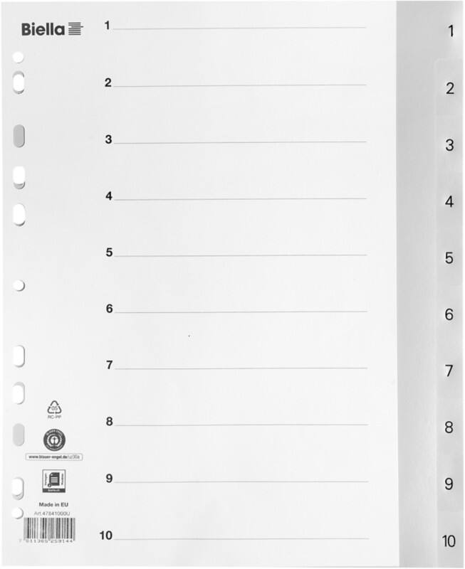 Biella Register überbreit für Zeigetaschen Polypropylen 1-10 mit Indexblatt grau 25 Stück