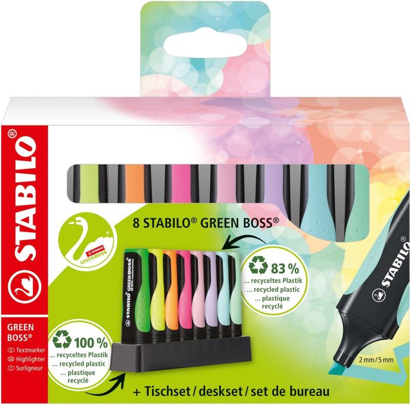 STABILO Green Boss Textmarker Farbig assortiert Extra Breit Keilspitze 2-5 mm Nachfüllbar 8 Stück