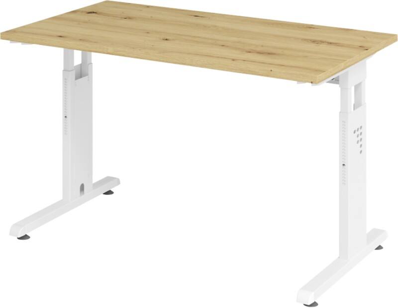 Bureau droit Hacmerbacher Express Q à hauteur réglable Piètement en C Chêne, blanc 120 x 67,2 x 68,5 - 81 cm