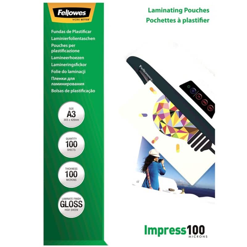 Fellowes Impress Laminierfolien A3 Glänzend 100 Mikron (2 x 100) Transparent 100 Stück