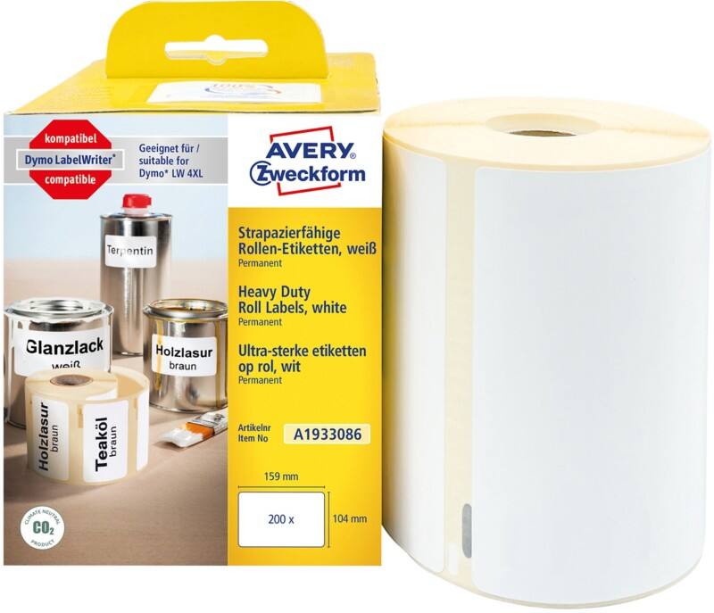 AVERY Zweckform Strapazierfähige Etiketten A1933086 Selbsthaftend Weiss 104 x 159 mm 1 Rolle à 200 Etiketten