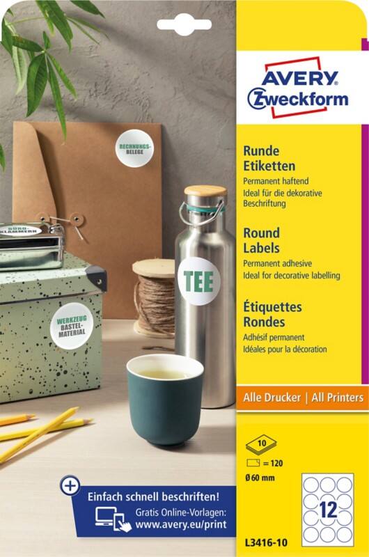 Avery Markierungspunkte L3416-10 Selbsthaftend A4 Weiß 60 mm 10 Blatt à 12 Etiketten