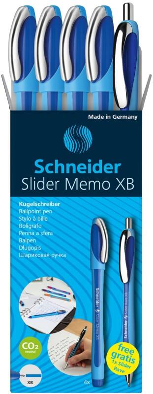 Schneider Slider Memo Kugelschreiber Blau Extra Breit 0.7 mm Nachfüllbar 4 Stück + 1 Slider Rave Gratis