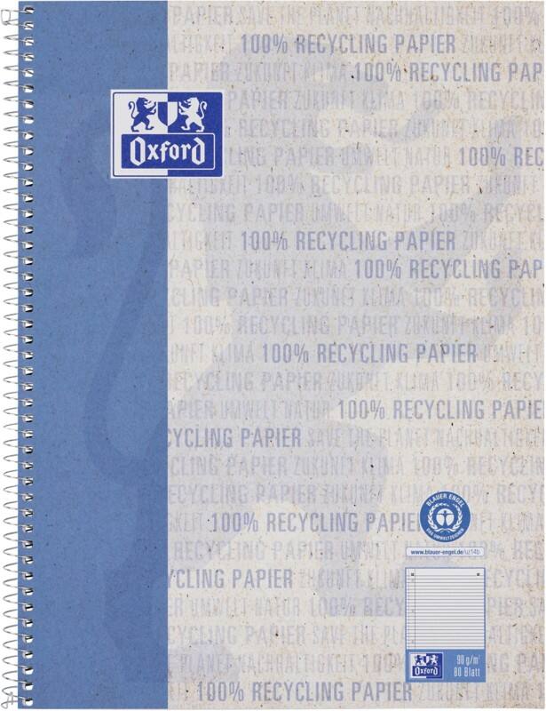 Bloc collège OXFORD A4+ Ligné Reliure spirale Carton revêtu de plastique Bleu Perforé Recycled 160 Pages