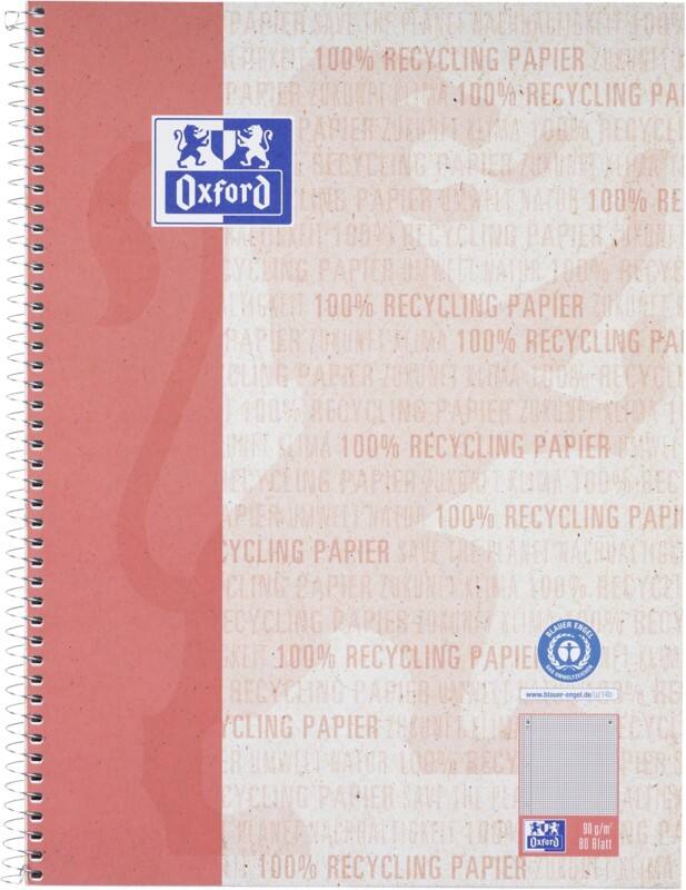 Bloc collège OXFORD A4+ Quadrillé Reliure spirale Carton revêtu de plastique Rouge Perforé Recycled 160 Pages