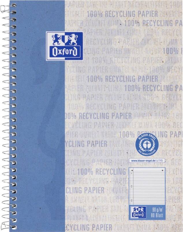 Bloc collège OXFORD A5+ Ligné Reliure spirale Carton revêtu de plastique Bleu Perforé Recycled 160 Pages