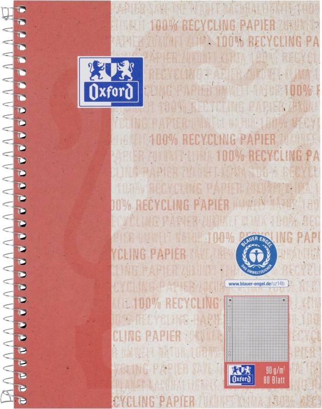 Bloc collège OXFORD A5+ Quadrillé Reliure spirale Carton revêtu de plastique Rouge  Recycled 160 Pages