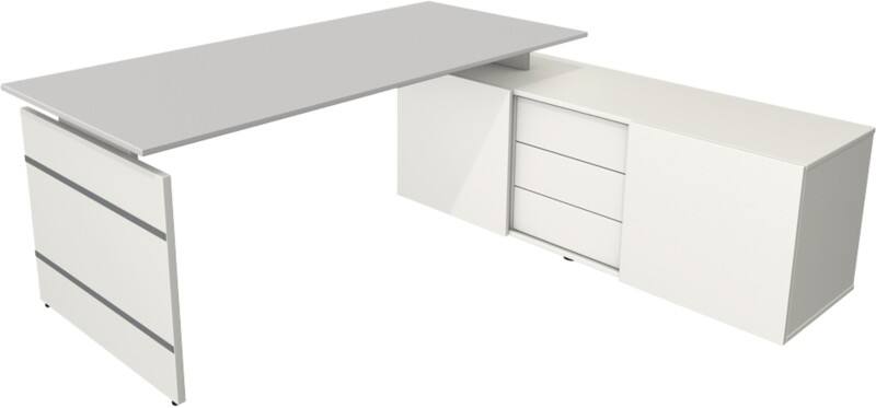 Bureau d'angle Kerkmann Form 4 Coin Gris clair Joue 3 tiroirs 1950 (l) x 1770 (p) x 740 (h) mm