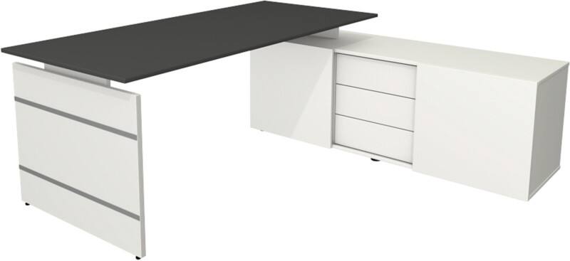 Bureau d'angle Kerkmann Form 4 Coin Anthracite Wengé Joue 3 tiroirs 1950 (l) x 1770 (p) x 740 (h) mm